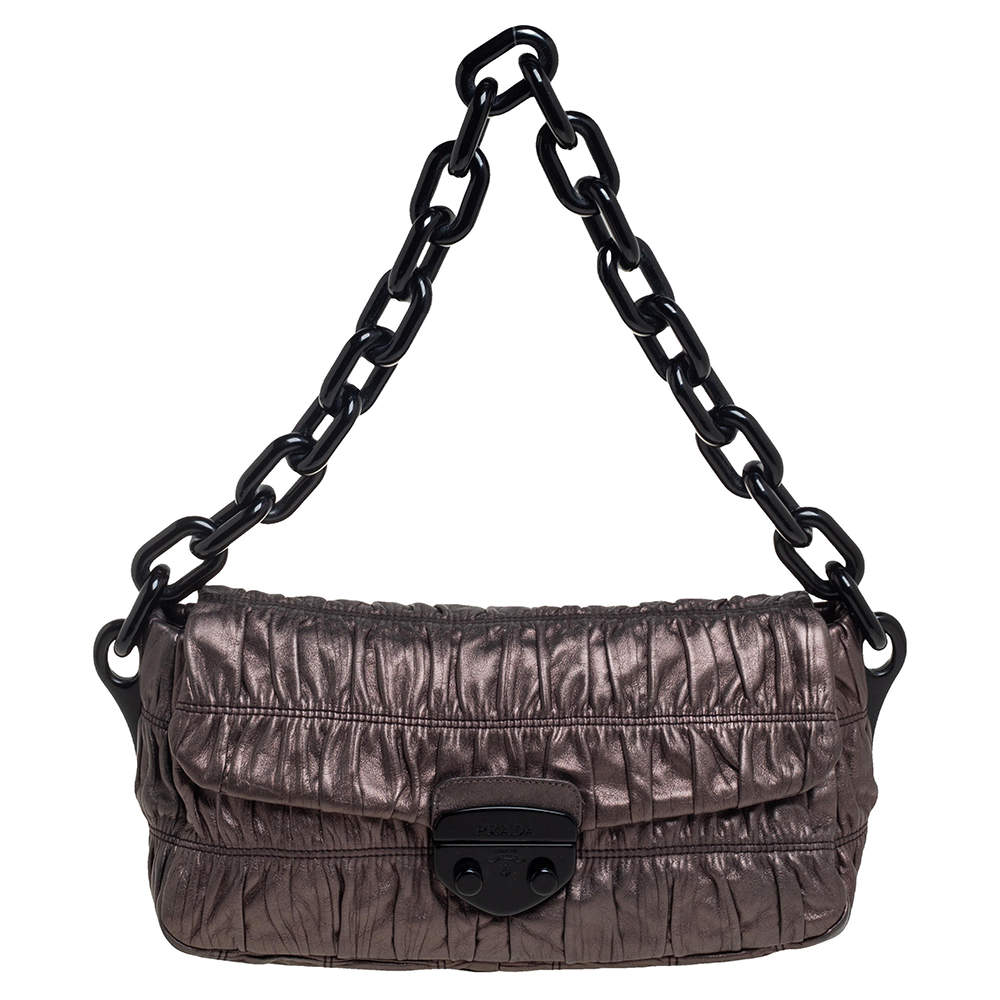 Pre Owned Prada Metallic Bronze Gaufre Leather Chain Shoulder Bag