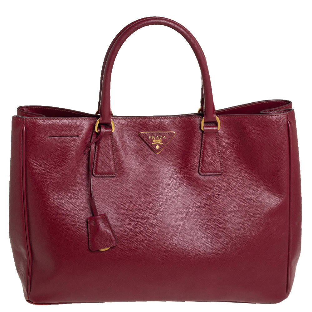 Pre Owned Prada Burgundy Saffiano Lux Leather Medium Galleria Tote