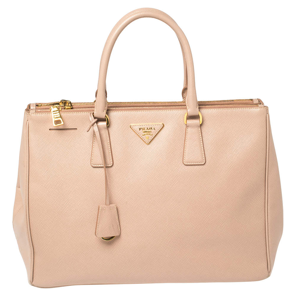 Pre Owned Prada Beige Saffiano Leather Medium Galleria Double Zip Tote