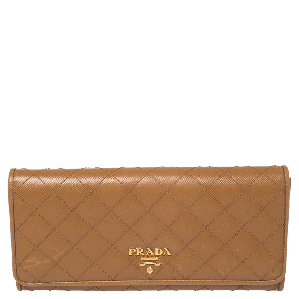 Pre Owned Prada Tan Quilted Saffiano Leather Flap Continental Wallet