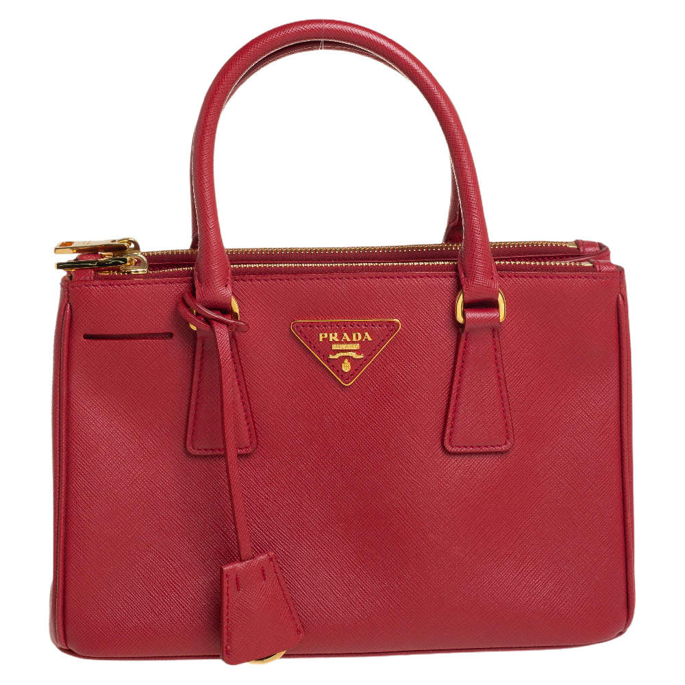 Pre Owned Prada Red Saffiano Lux Leather Mini Galleria Double Zip Tote