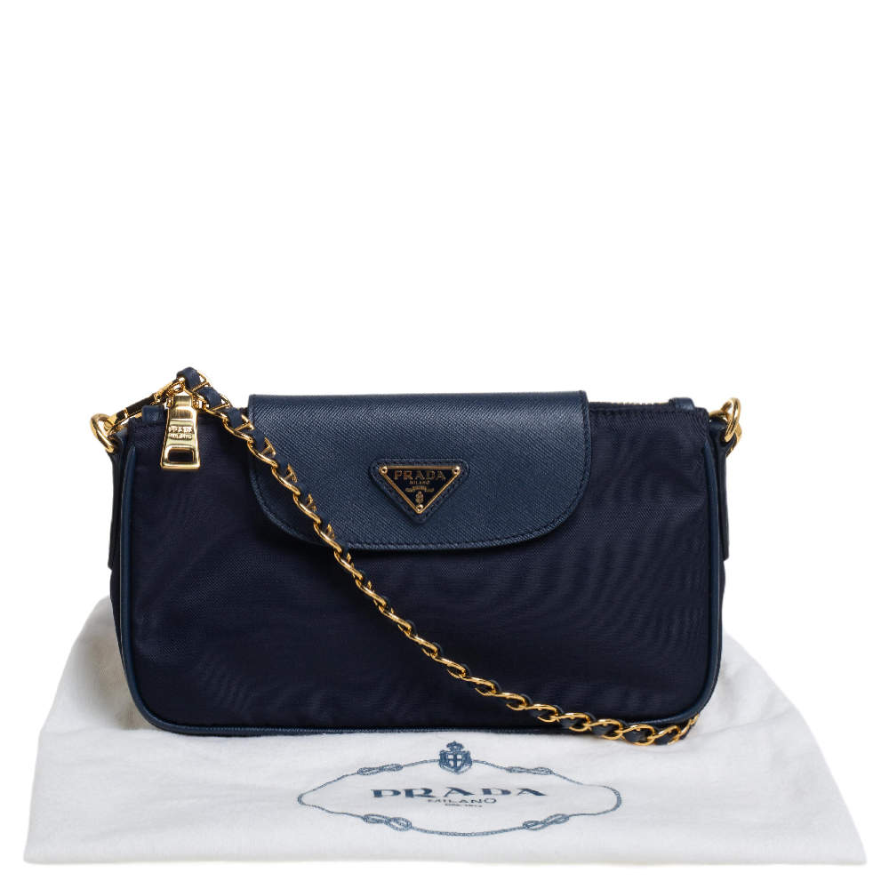 Prada Tessuto Saffiano Bandoliera Nylon Navy Blue Chain Sling Bag