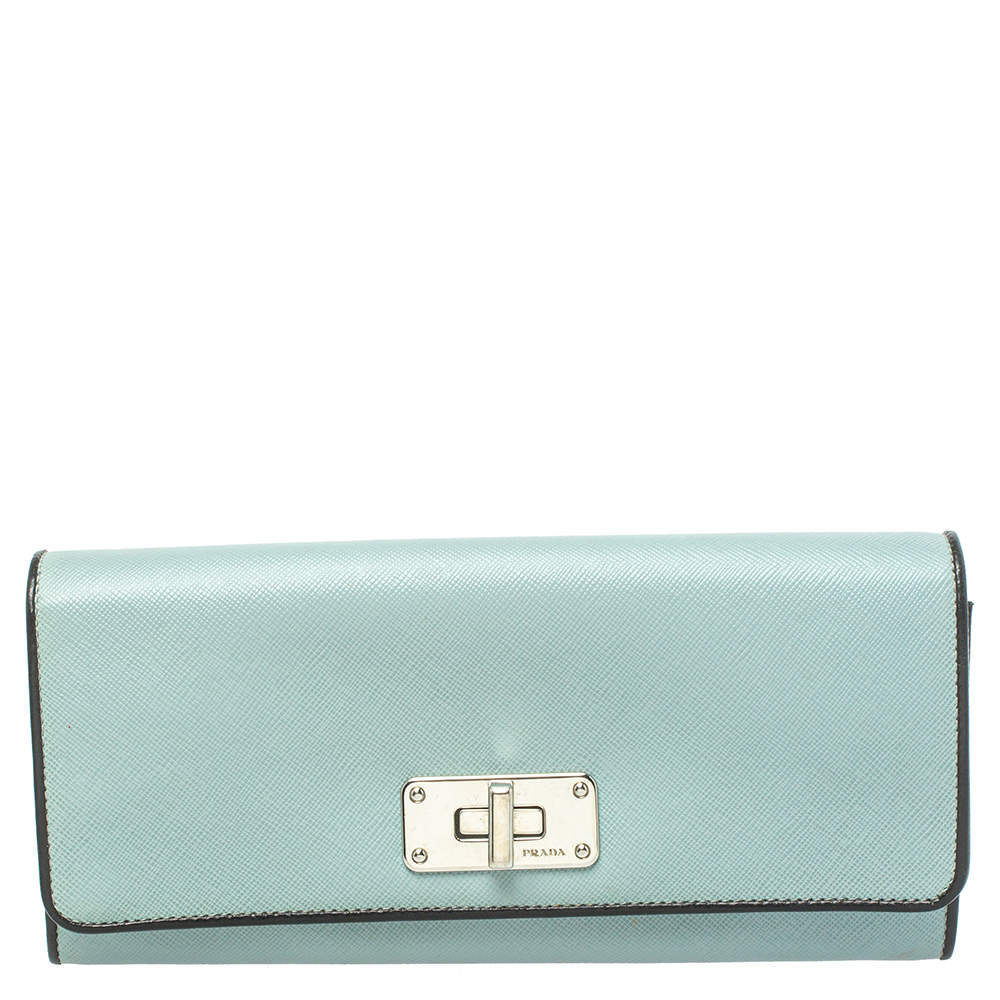 Pre Owned Prada Light Blue Saffiano Leather Turn Lock Continental Wallet