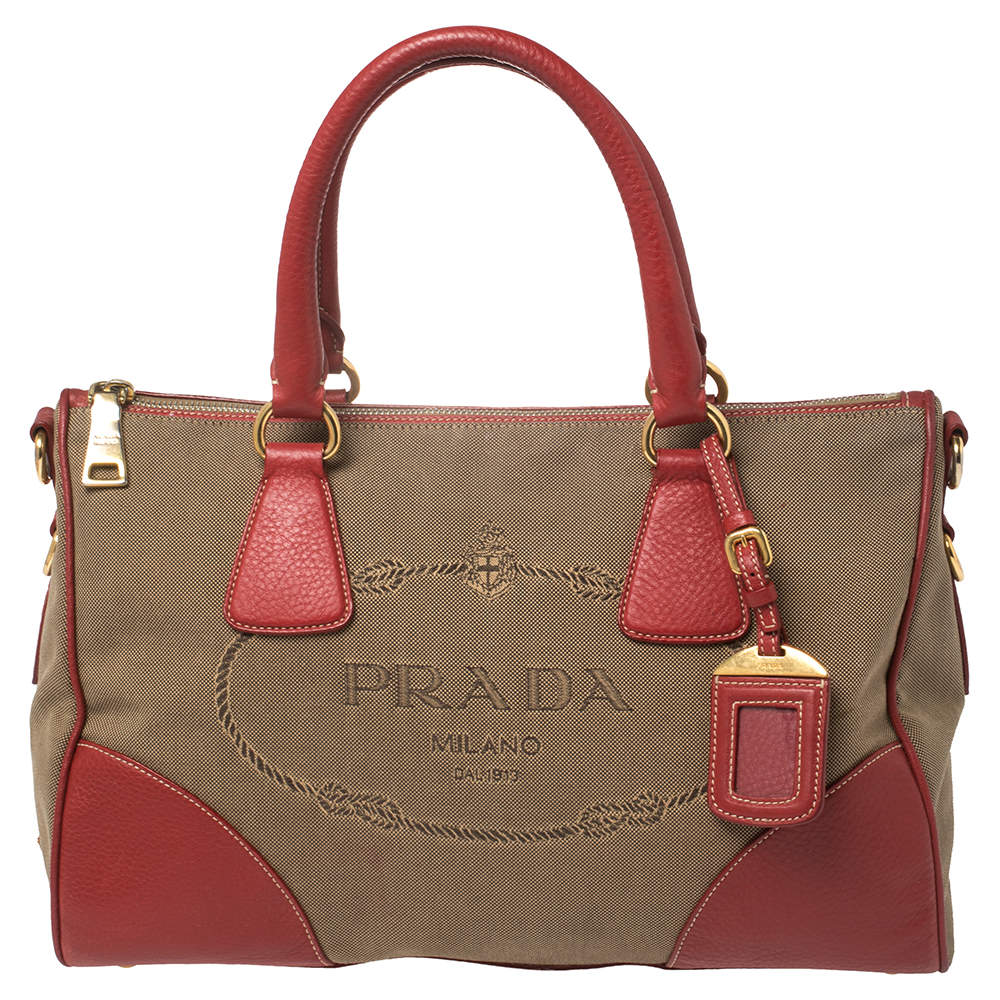 Pre Owned Prada Red/Brown Canvas and Leather Jacquard Logo Convertible Satchel