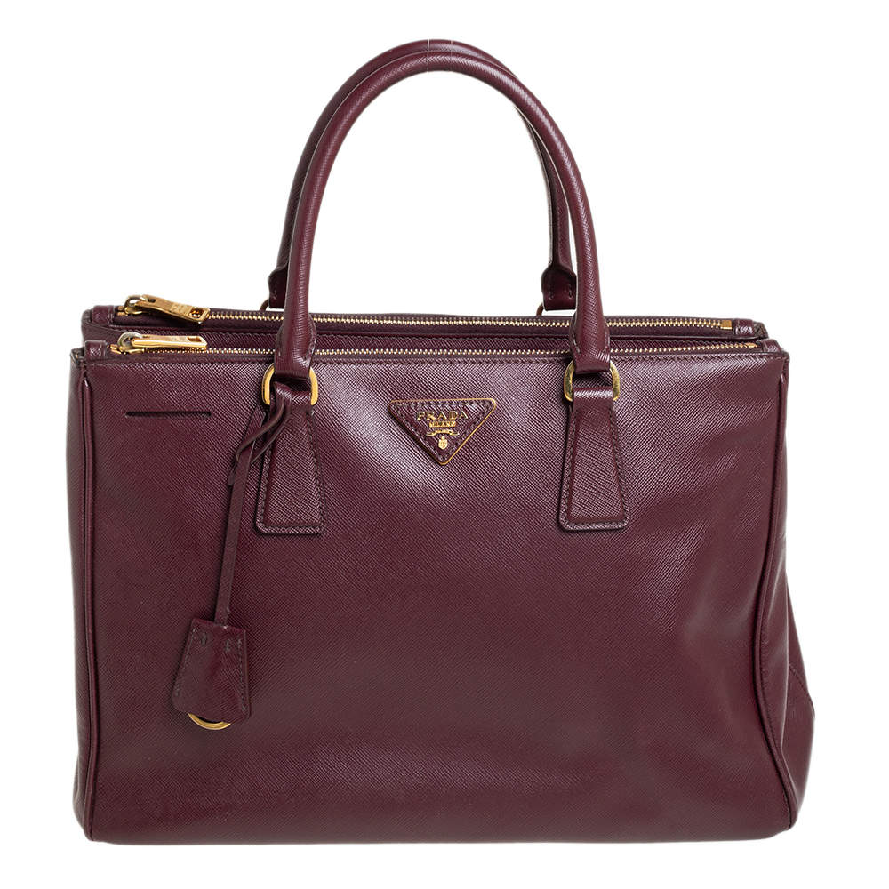 Pre Owned Prada Burgundy Saffiano Lux Leather Medium Galleria Tote