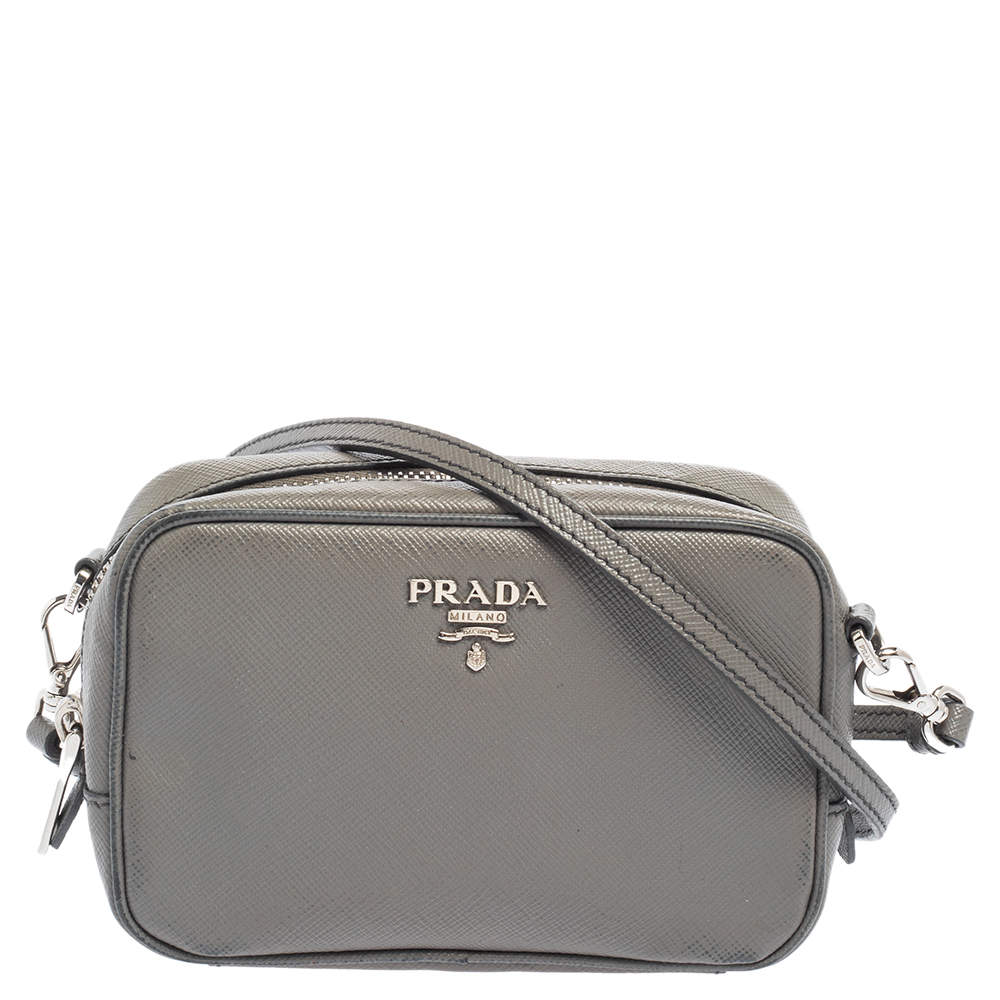 Prada Grey Saffiano Lux Leather Mini Camera Crossbody Bag