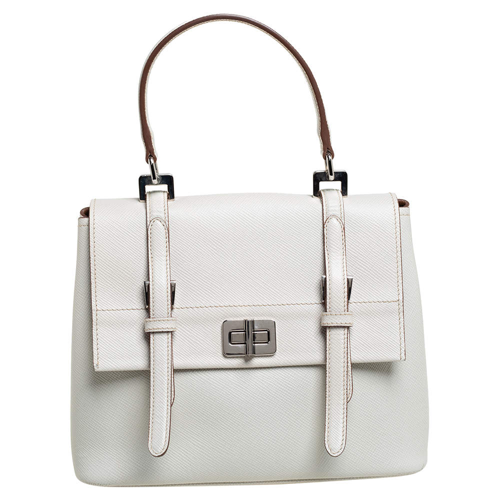 Pre Owned Prada White Leather Turn Lock Top Handle Bag