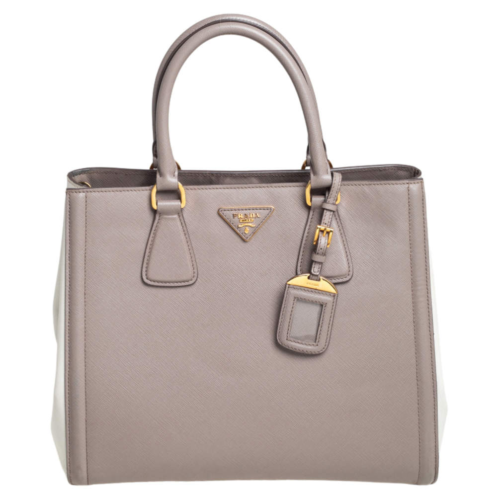 Pre Owned Prada Dark Beige/White Saffiano Lux Leather Tote