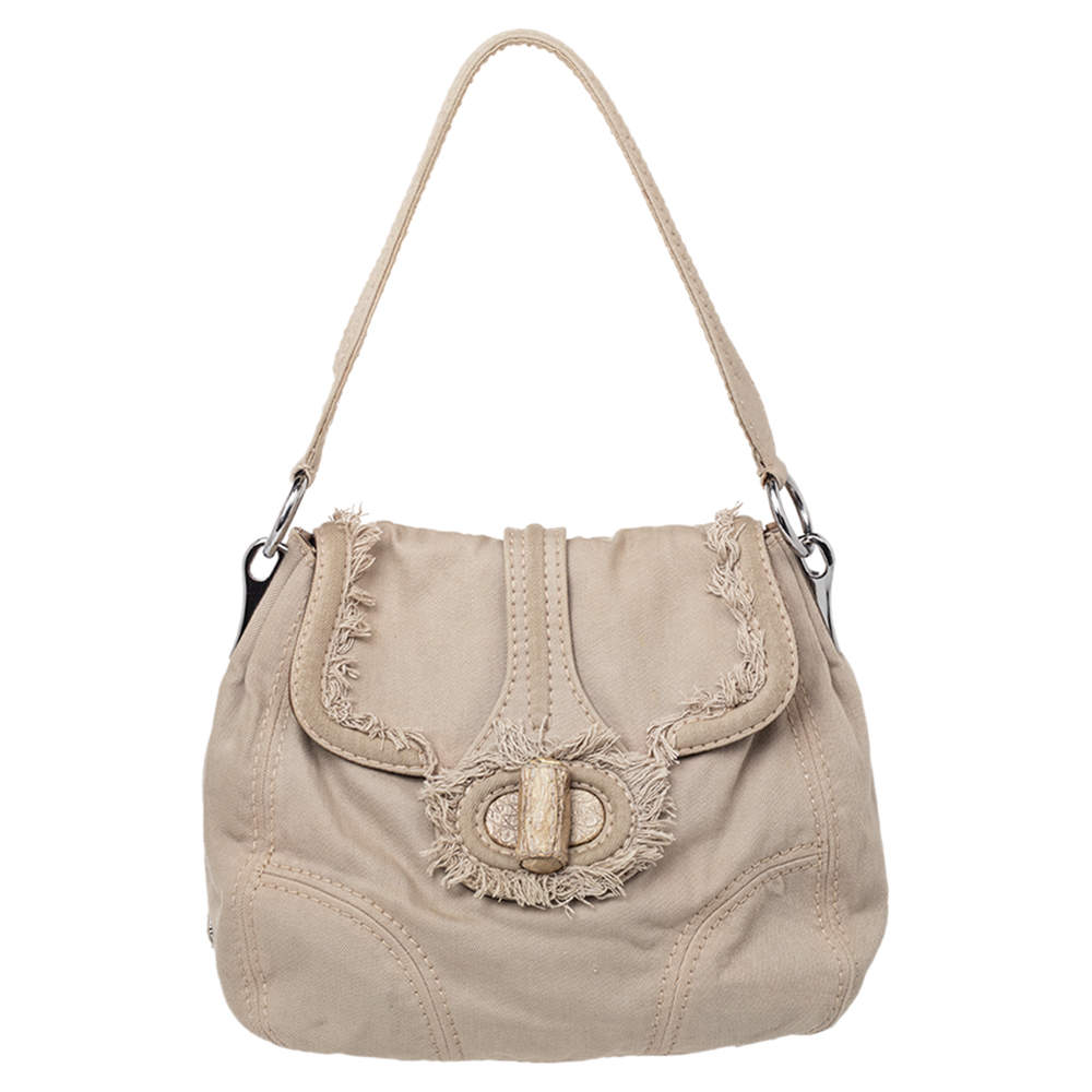 Pre Owned Prada Beige Canvas And Crocodile Leather Turnlock Shoulder Bag