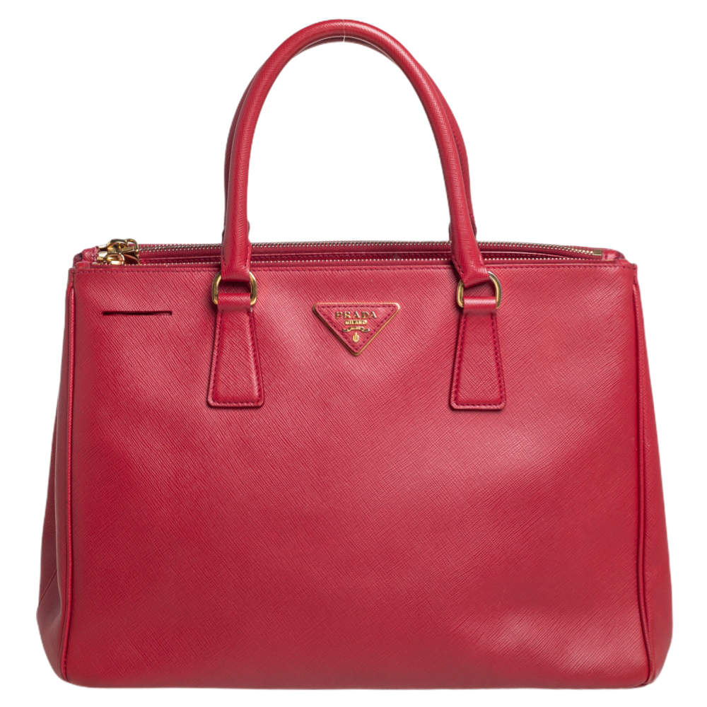 Pre Owned Prada Red Saffiano Lux Leather Medium Galleria Double Zip Tote