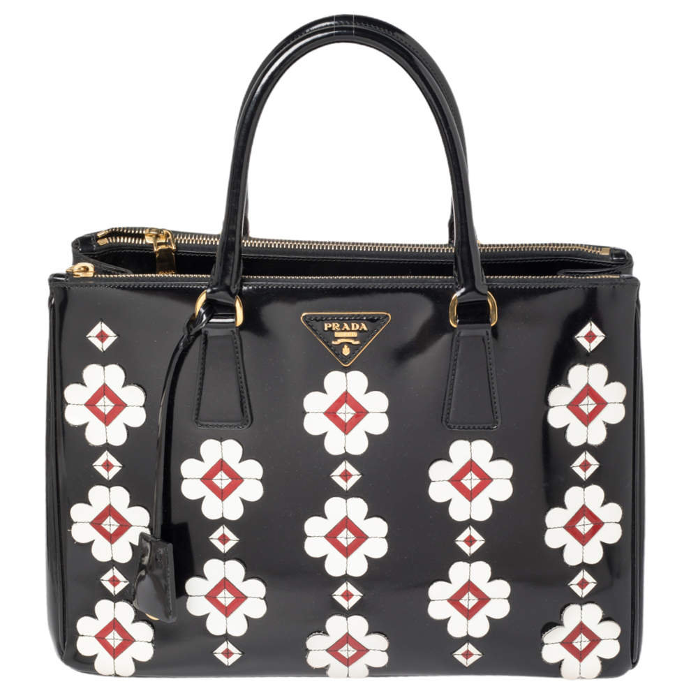 Pre Owned Prada Black Spazzolato Leather Medium Flowers Galleria Tote