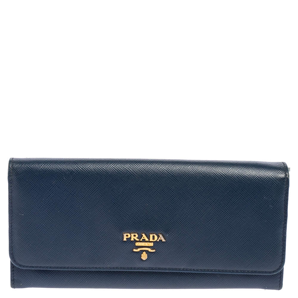 Pre Owned Prada Blue Saffiano Leather Flap Continental Wallet