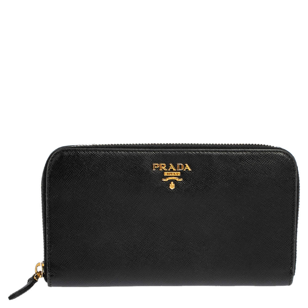 Pre Owned Prada Black Saffiano Lux Leather Zip Around Wallet