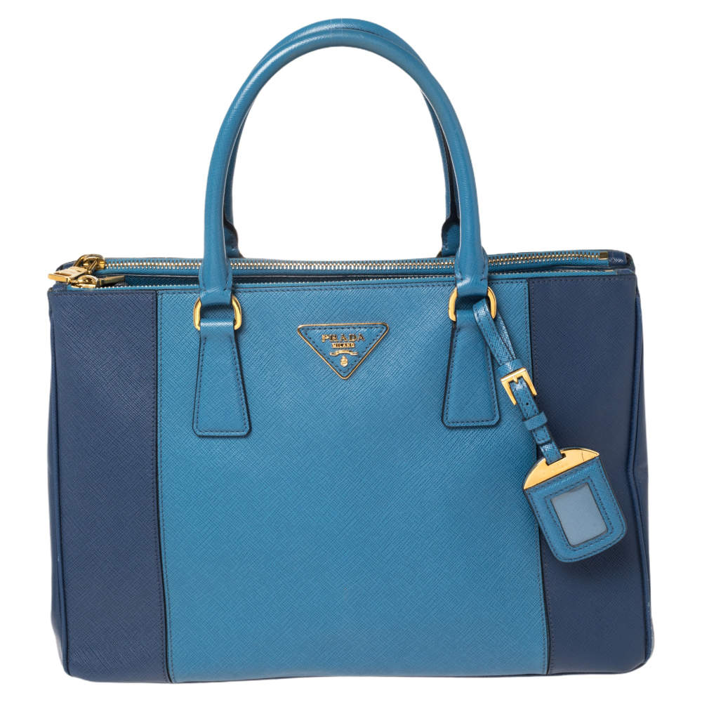Pre Owned Prada Blue Two Tone Saffiano Lux Leather Medium Galleria Tote