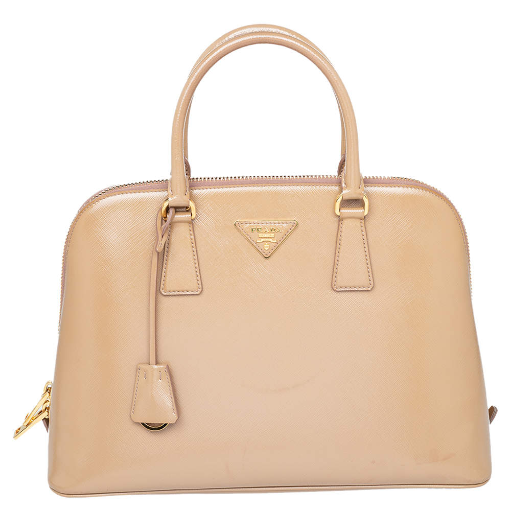 Pre Owned Prada Beige Saffiano Lux Patent Leather Large Promenade Satchel