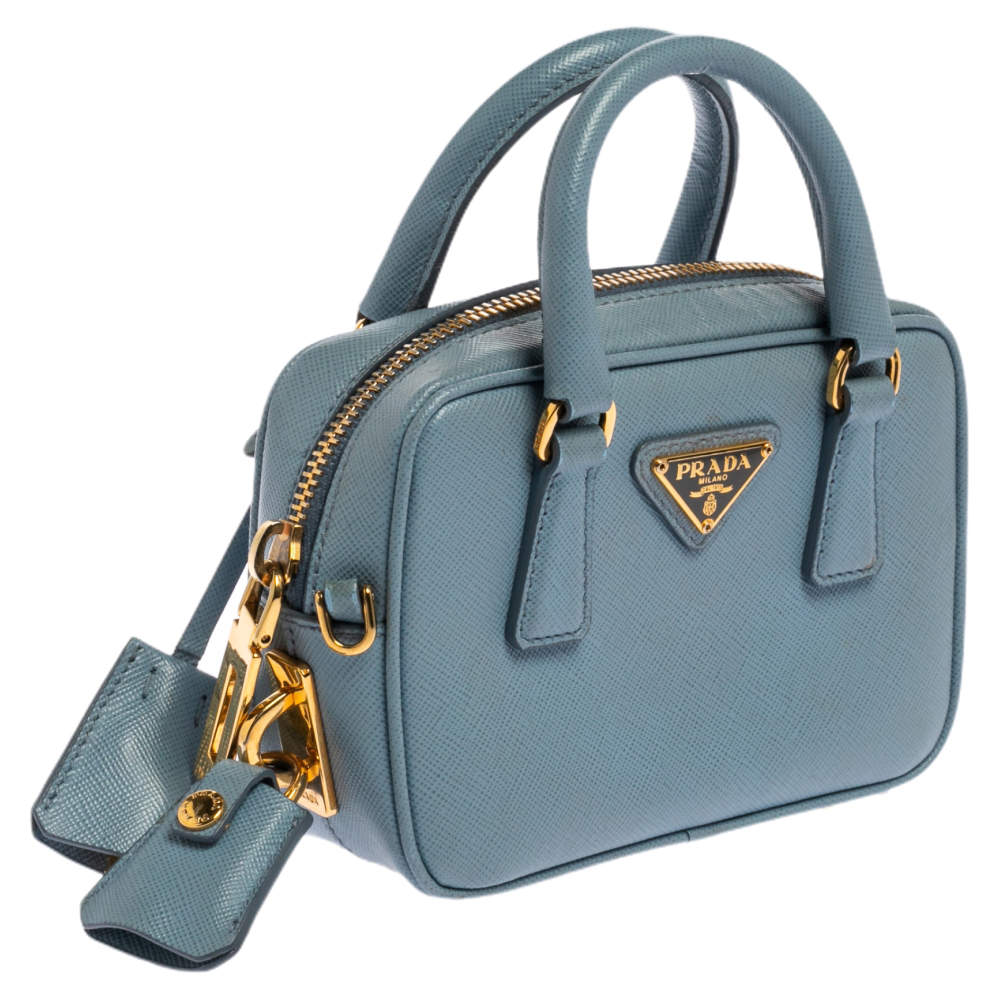 Prada Blue Saffiano Leather Mini Bauletto Bag Prada