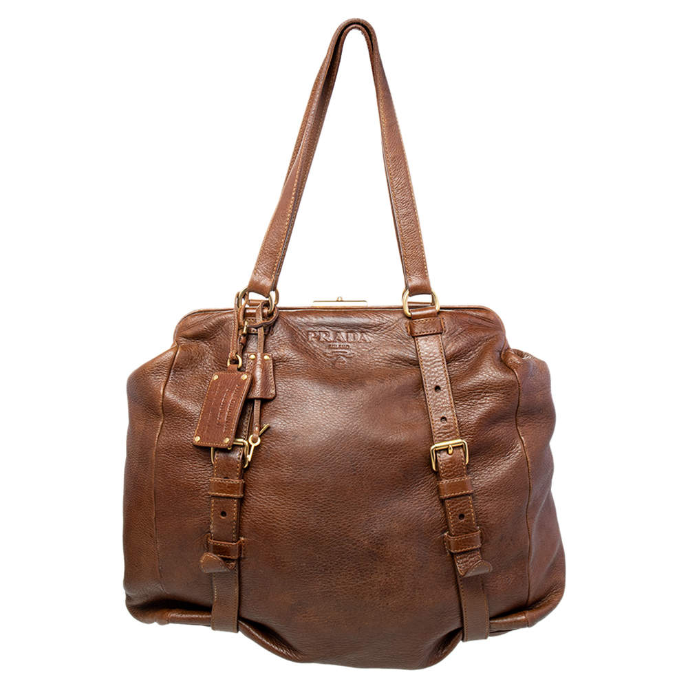 Pre Owned Prada Brown Leather Frame Satchel