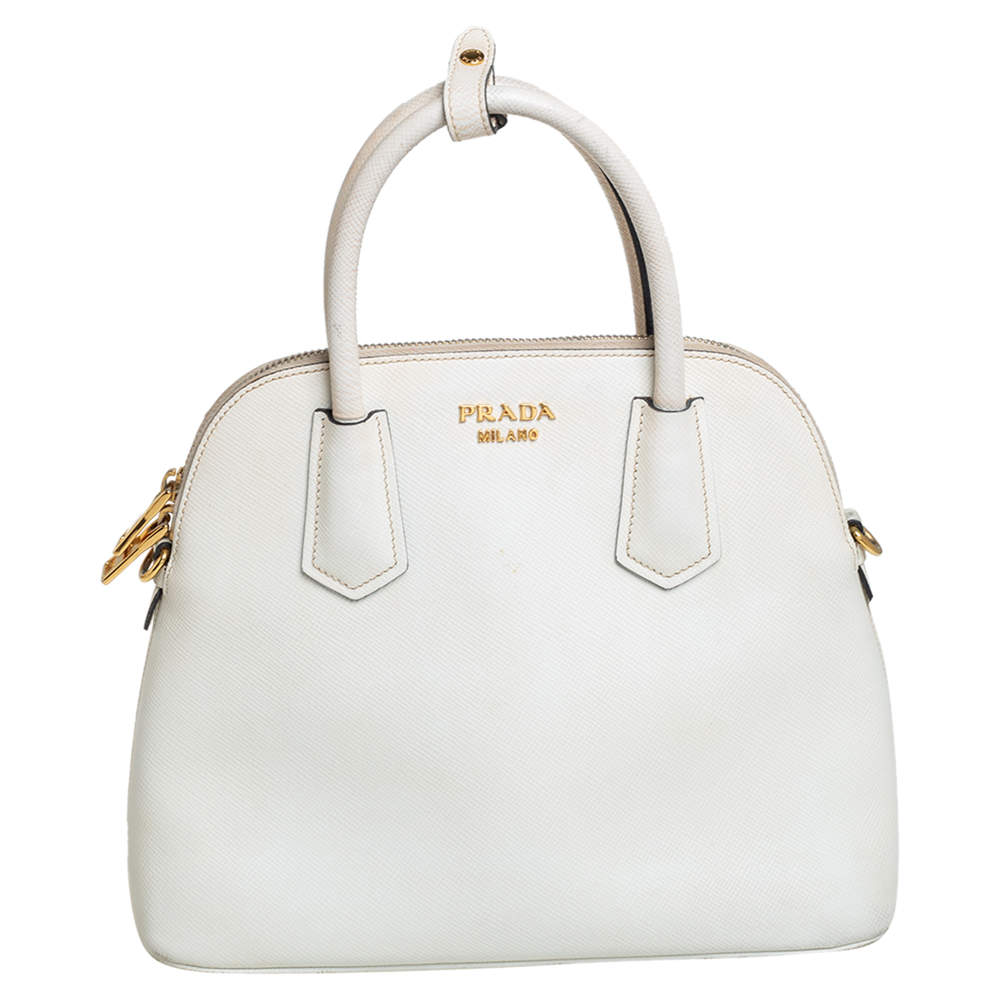 Pre Owned Prada White Leather Medium Cuir Dome Satchel