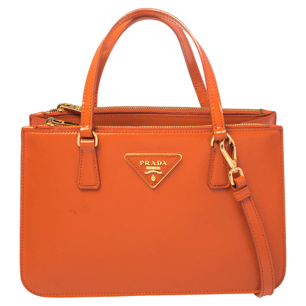 Pre Owned Prada Orange Saffiano Cuir Patent Leather Double Zip Tote