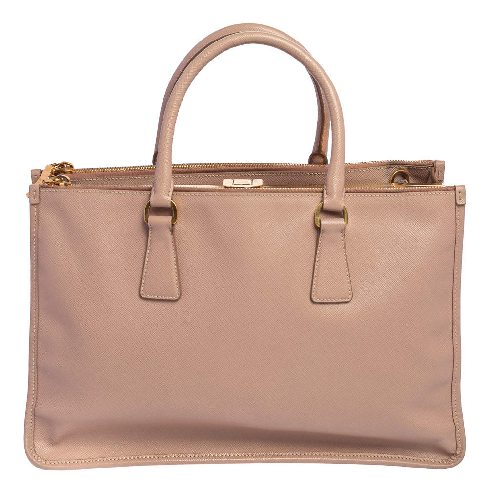 Pre Owned Prada Beige Saffiano Lux Leather Frame Double Zip Tote