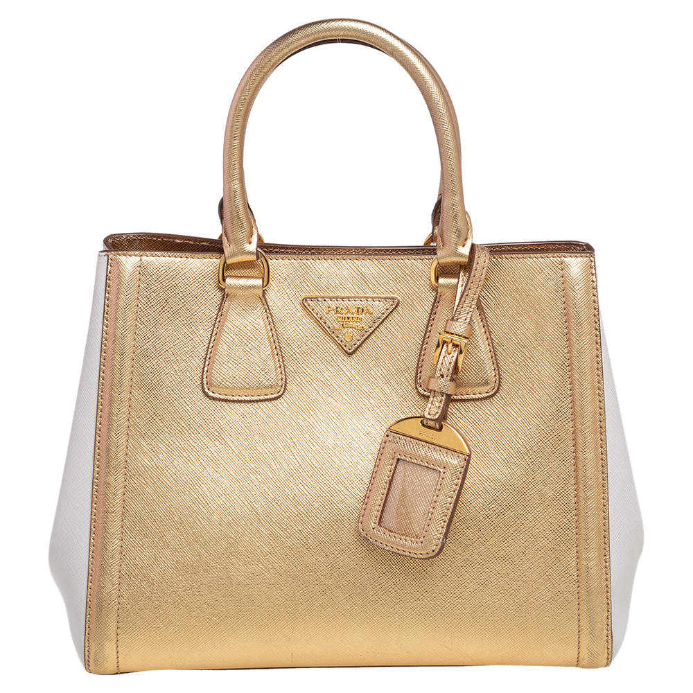 Pre Owned حقيبة يد توتس برادا غاليريا جلد سافيانو لوكس أبيض/ذهبي