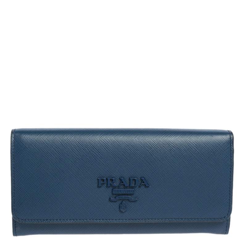 Pre Owned Prada Blue Saffiano Leather Flap Continental Wallet