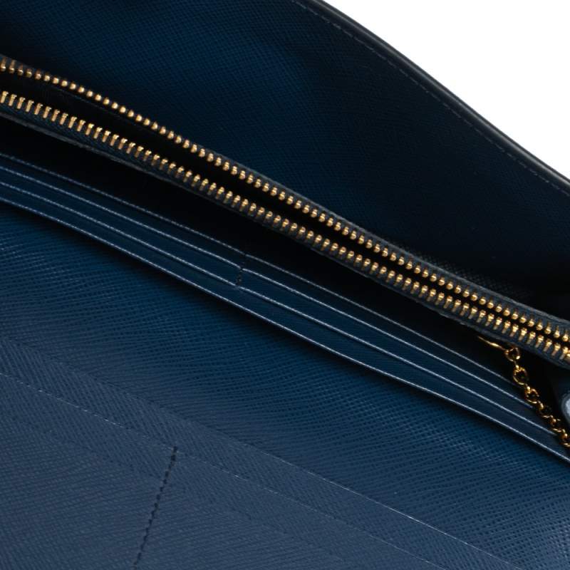 Prada Blue Saffiano Metal Leather Continental Wallet 1M1132