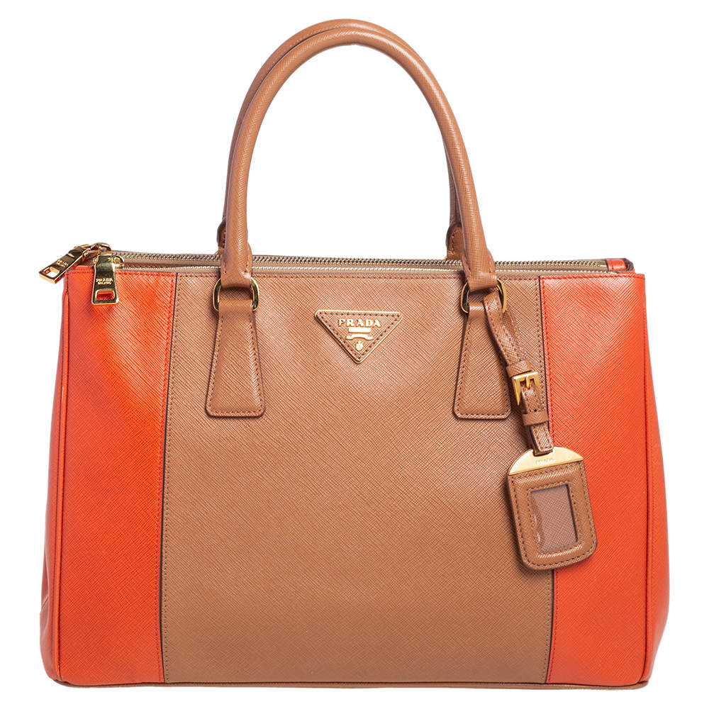 Pre Owned Prada Orange/Beige Saffiano Lux Leather Medium Galleria Tote