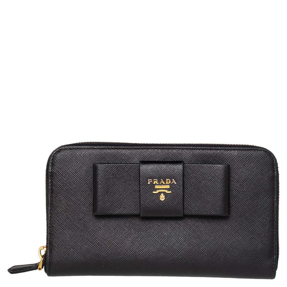 Pre Owned Prada Black Saffiano Lux Leather Bow Zip Around Wallet