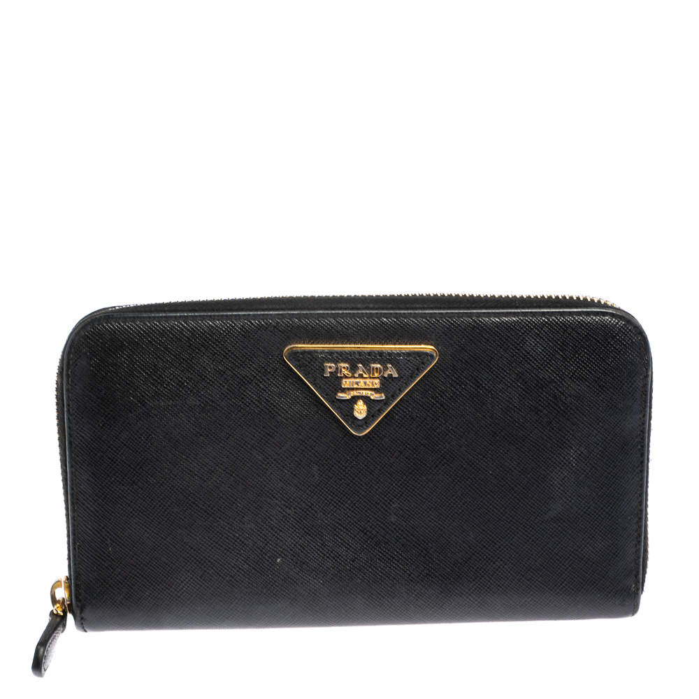 Pre Owned Prada Black Saffiano Lux Leather Zip Around Wallet
