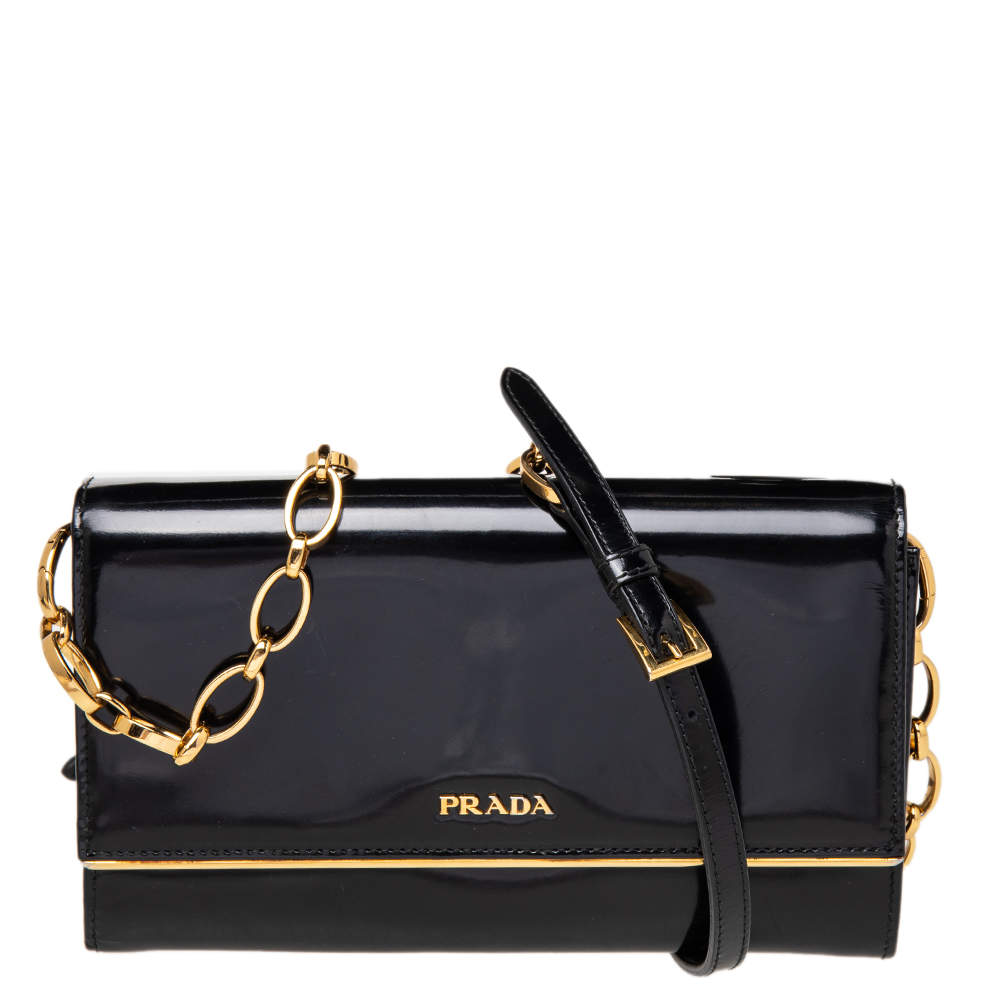 Pre Owned Prada Black Leather Flap Continental Wallet On Chain