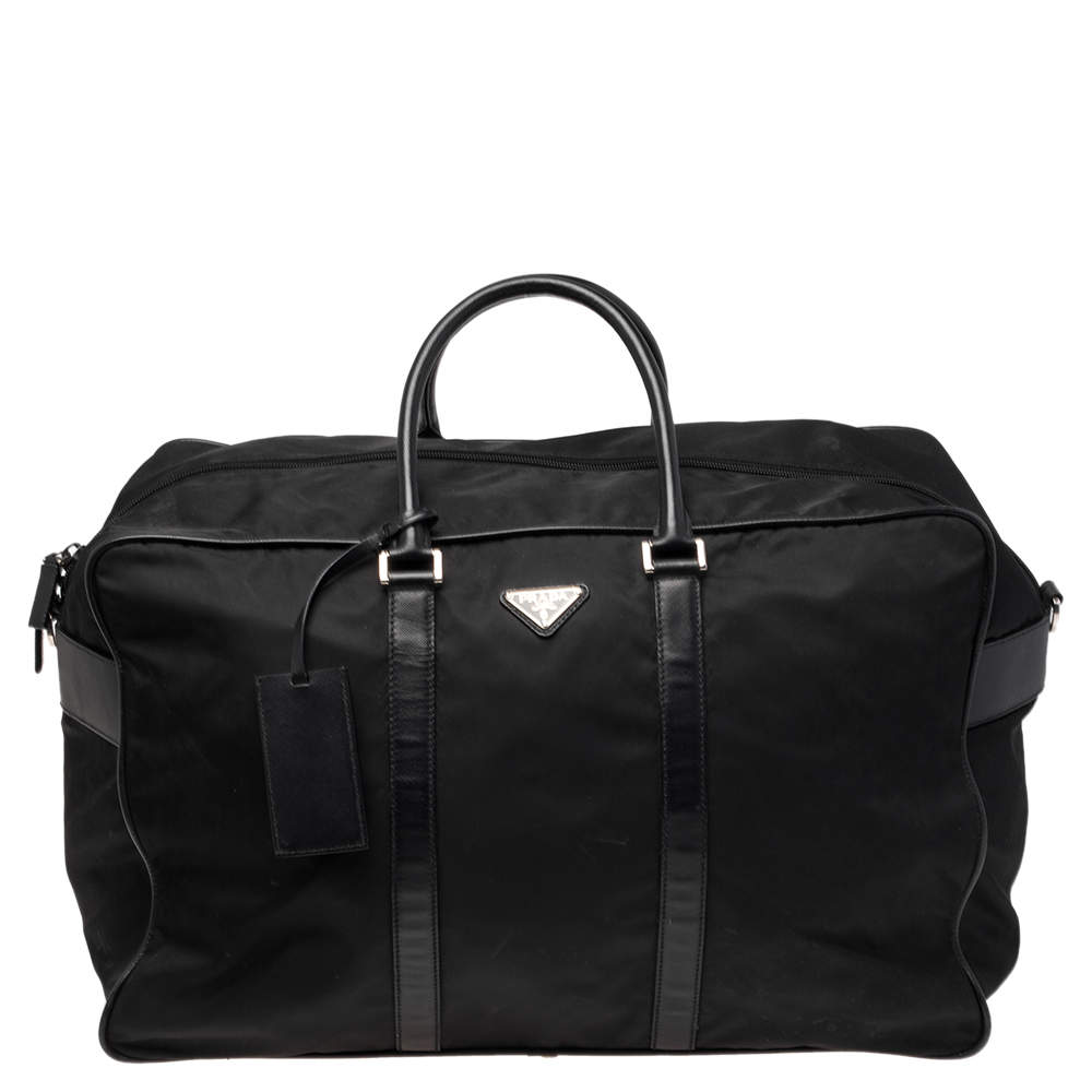 Pre Owned Prada Black Nylon and Leather Logo Duffel Bag