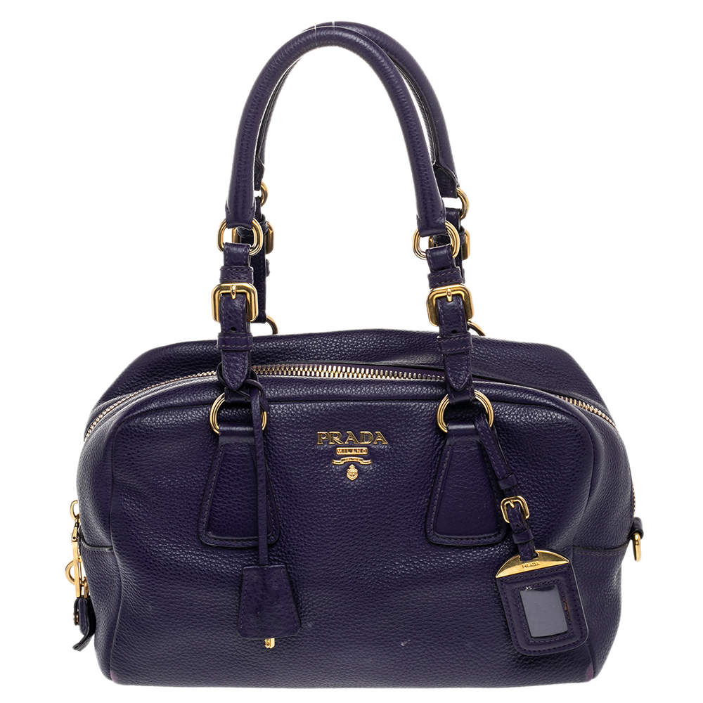 Pre Owned Prada Purple Pebbled Leather Bauletto Satchel