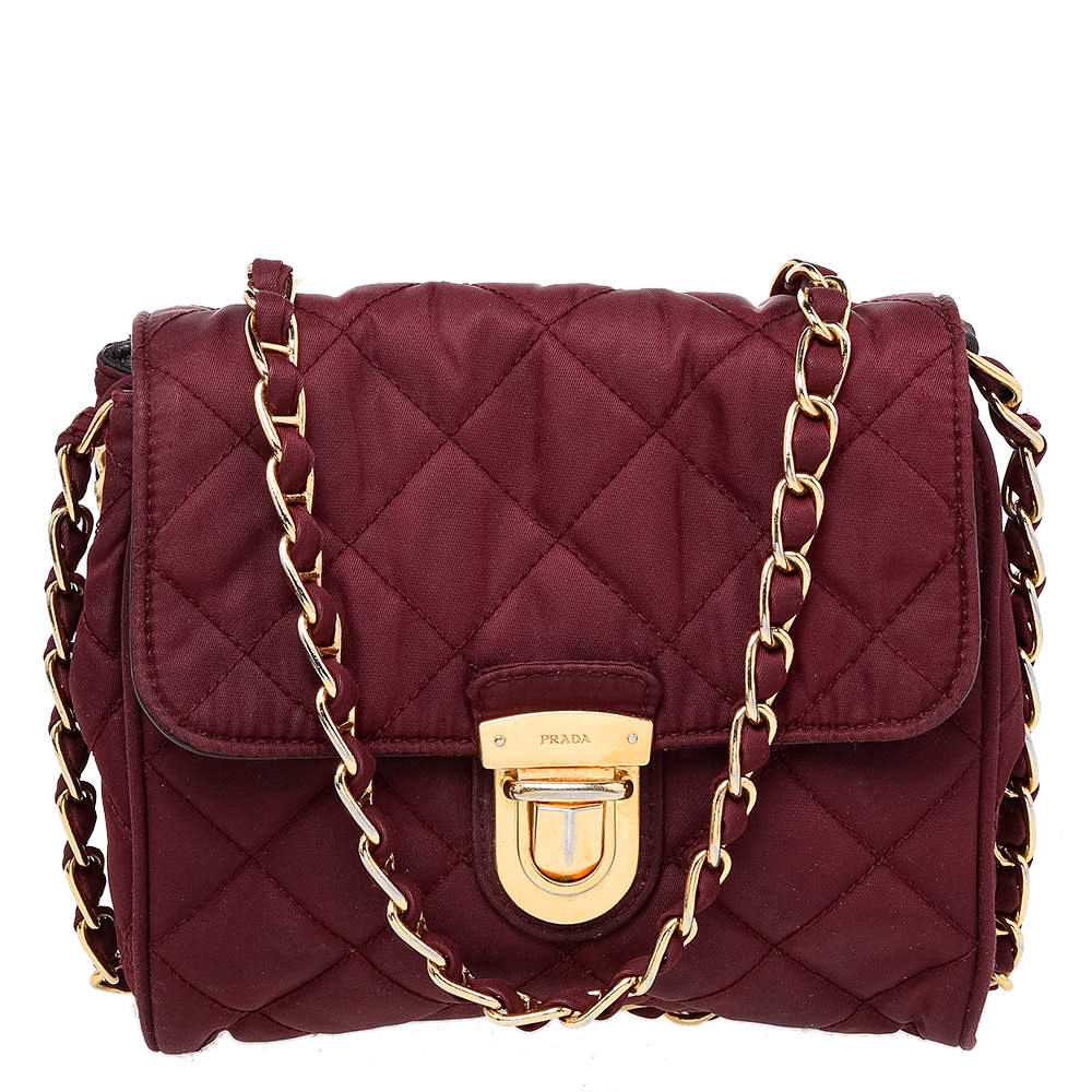 Pre Owned Prada Burgundy Quilted Nylon Pushlock Crossbody Bag