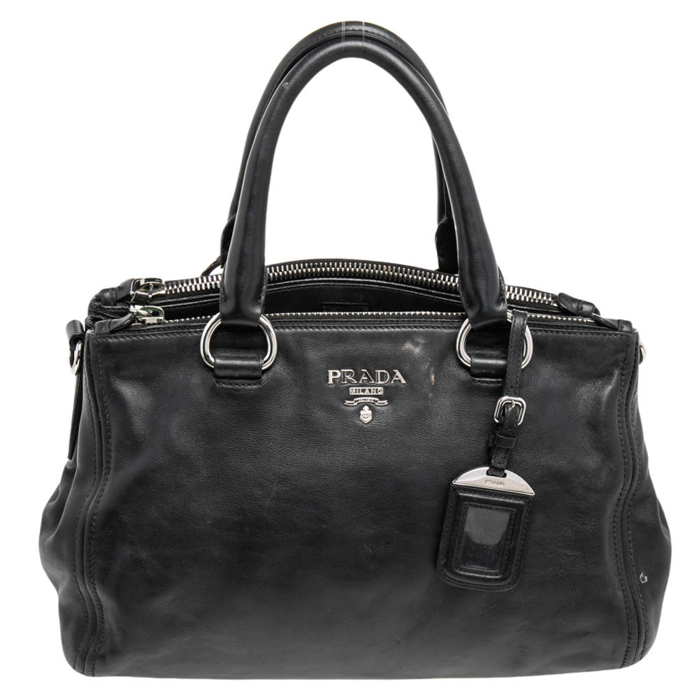 Pre Owned Prada Black Leather Double Zip Tote
