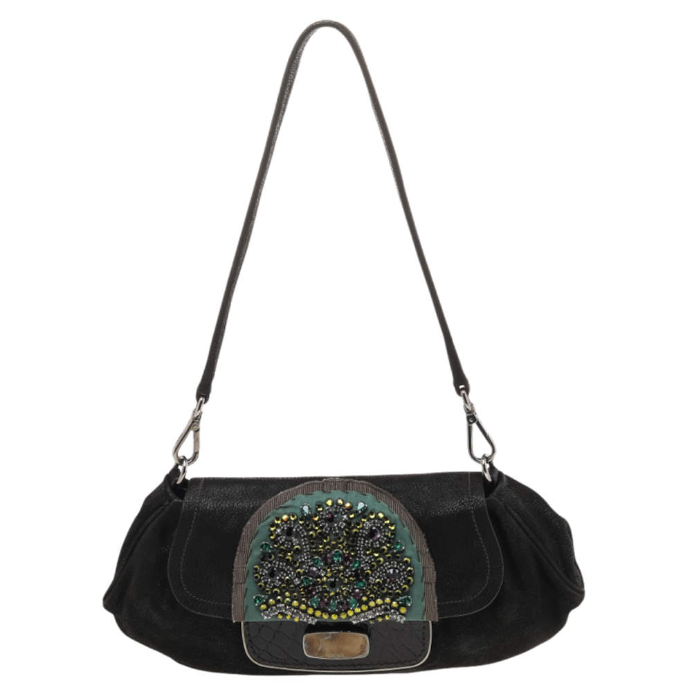 Pre Owned Prada Brown Croc And Leather Embellished Shoulder Bag