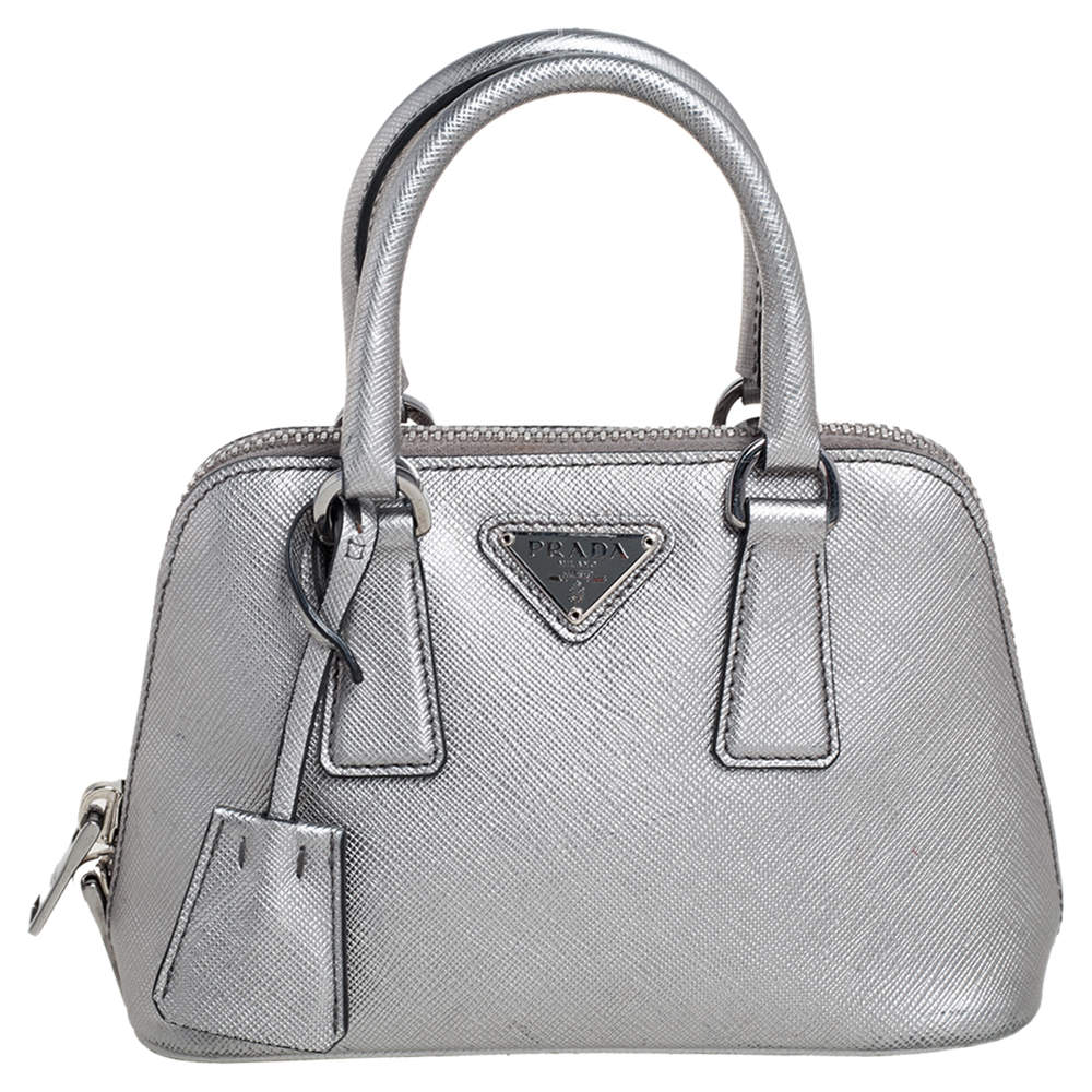 Prada Metallic Silver Saffiano Leather Mini Promenade Satchel