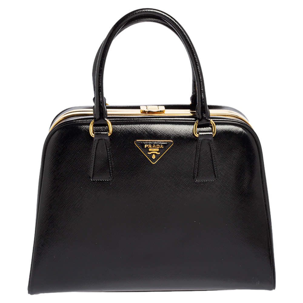 Pre Owned Prada Black Saffiano Vernice Leather Pyramid Frame Satchel