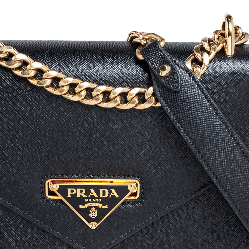 PRADA Flip Lock Chain Saffiano Leather Crossbody Bag Black