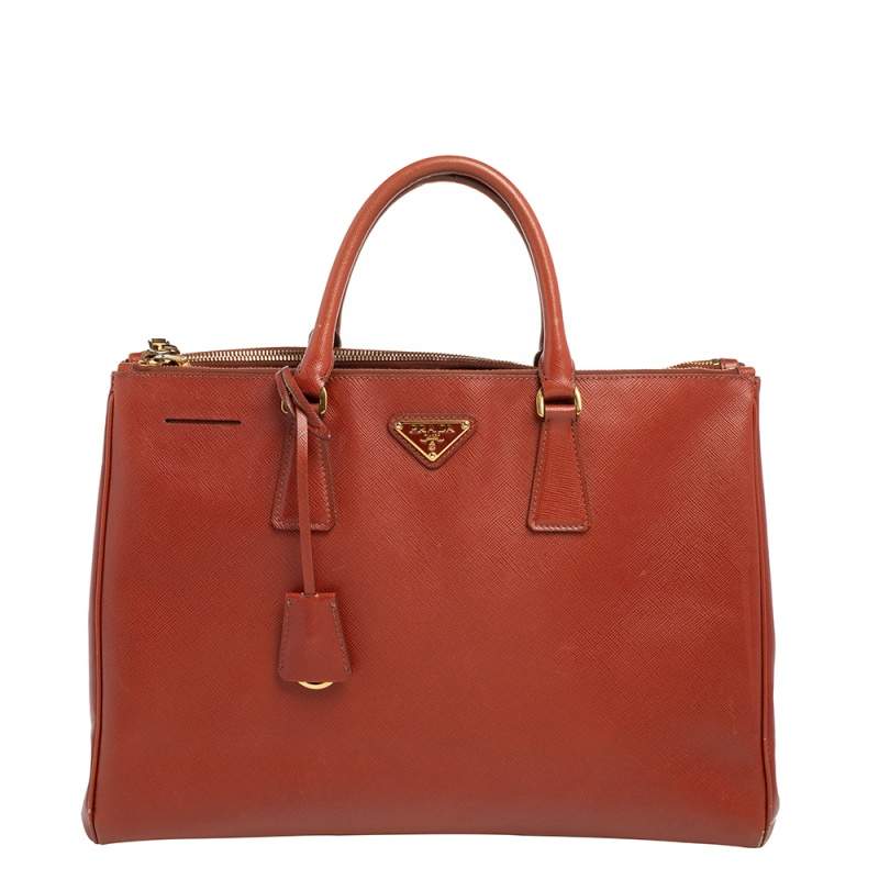 Pre Owned Prada Burnt Red Saffiano Lux Leather Large Double Zip Tote