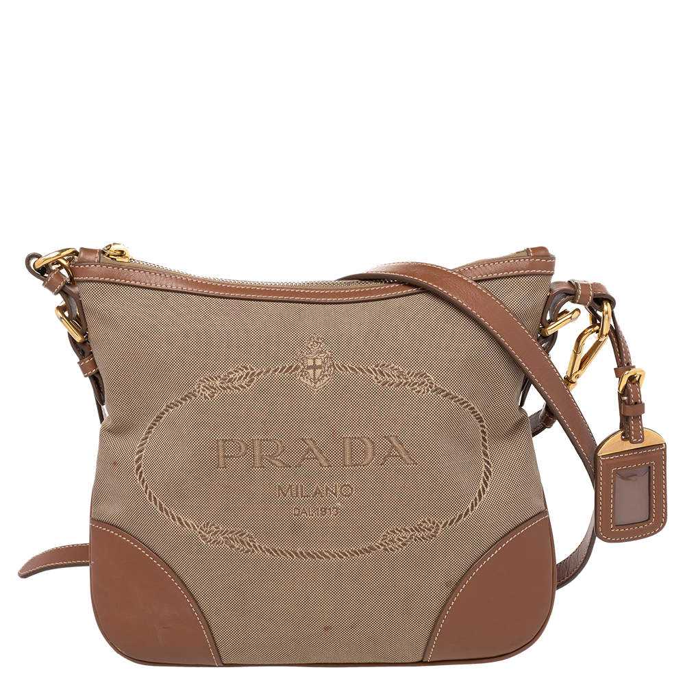 Pre Owned Prada Beige/Brown Canvas And Leather Canapa Logo Shoulder Bag