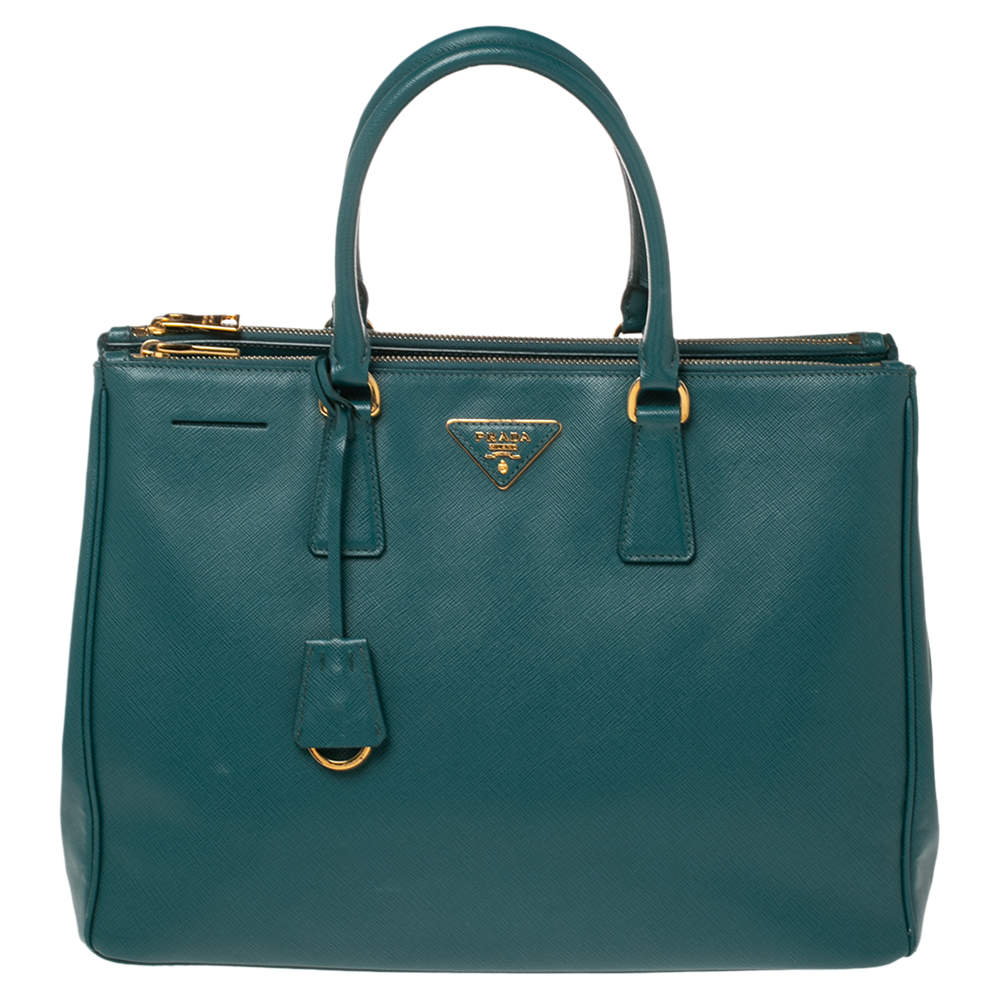 Pre Owned Prada Green Saffiano Lux Leather Large Double Zip Tote