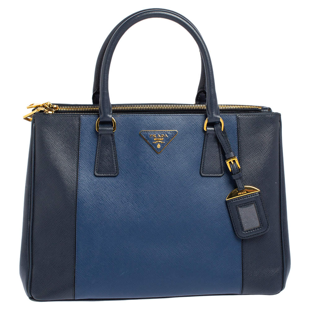 مملوكة مسبقًا Prada Blue Two Tone Saffiano Lux Leather Medium Double Zip Tote
