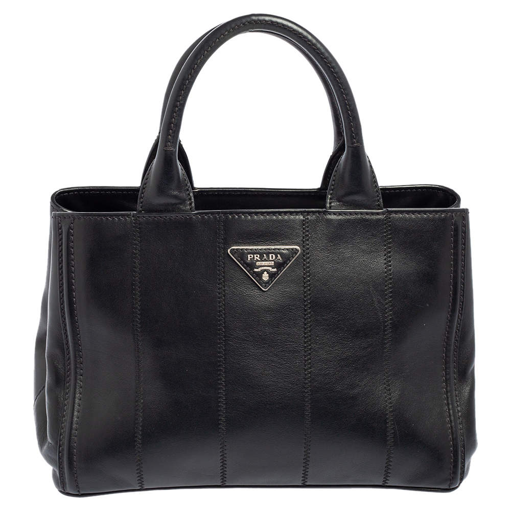 Pre Owned Prada Black Soft Calf Leather Vertical Stitched Tote
