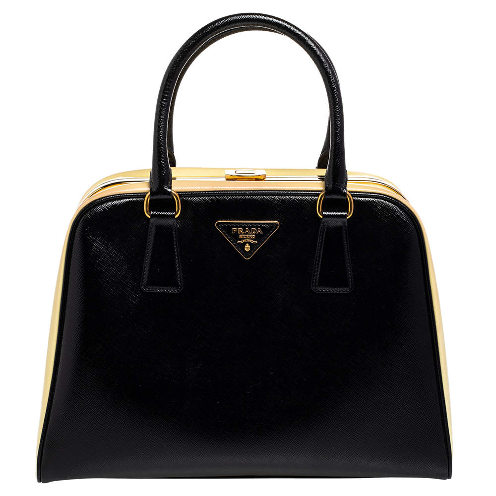 Pre Owned Prada Black Saffiano Vernice Leather Pyramid Frame Satchel