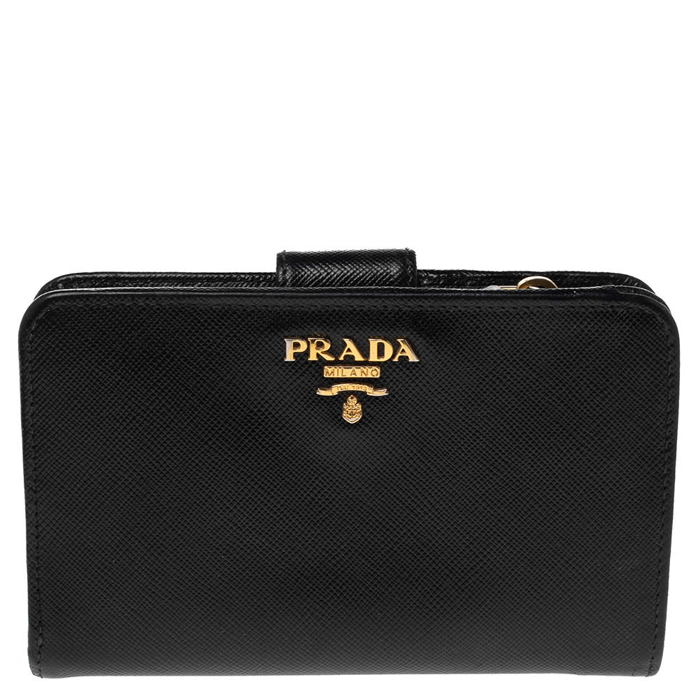 Pre Owned Prada Black Saffiano Leather Compact Wallet