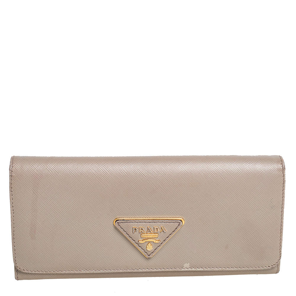 Pre Owned Prada Beige Saffiano Lux Leather Flap Continental Wallet