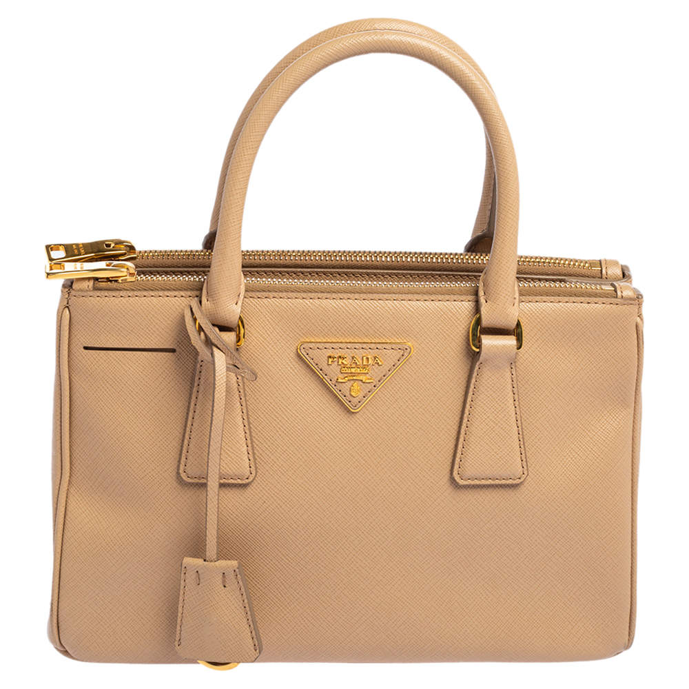 Pre Owned Prada Beige Saffiano Lux Leather Mini Galleria Double Zip Tote