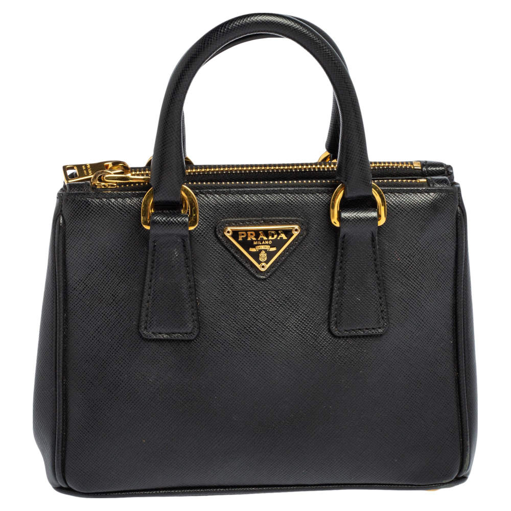 Pre Owned Prada Black Saffiano Lux Leather Mini Double Zip Tote
