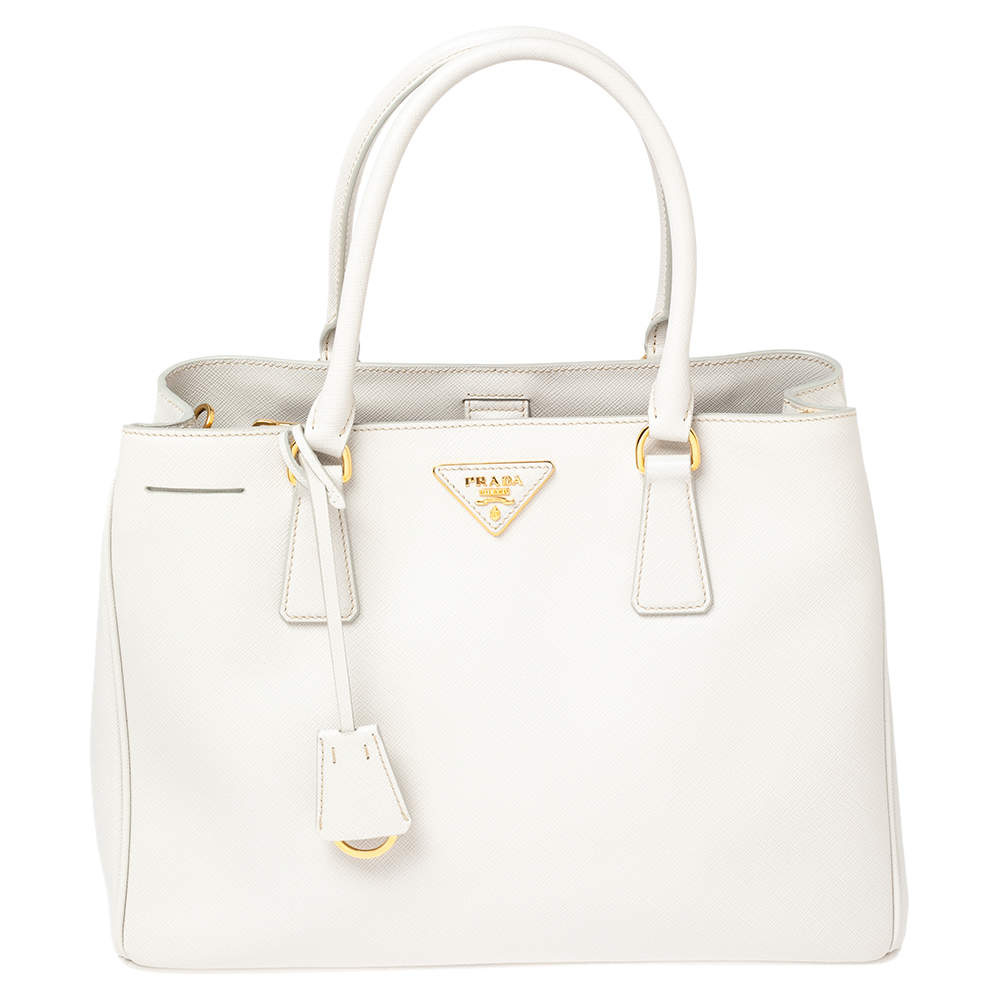 Pre Owned Prada White Saffiano Lux Leather Medium Open Tote